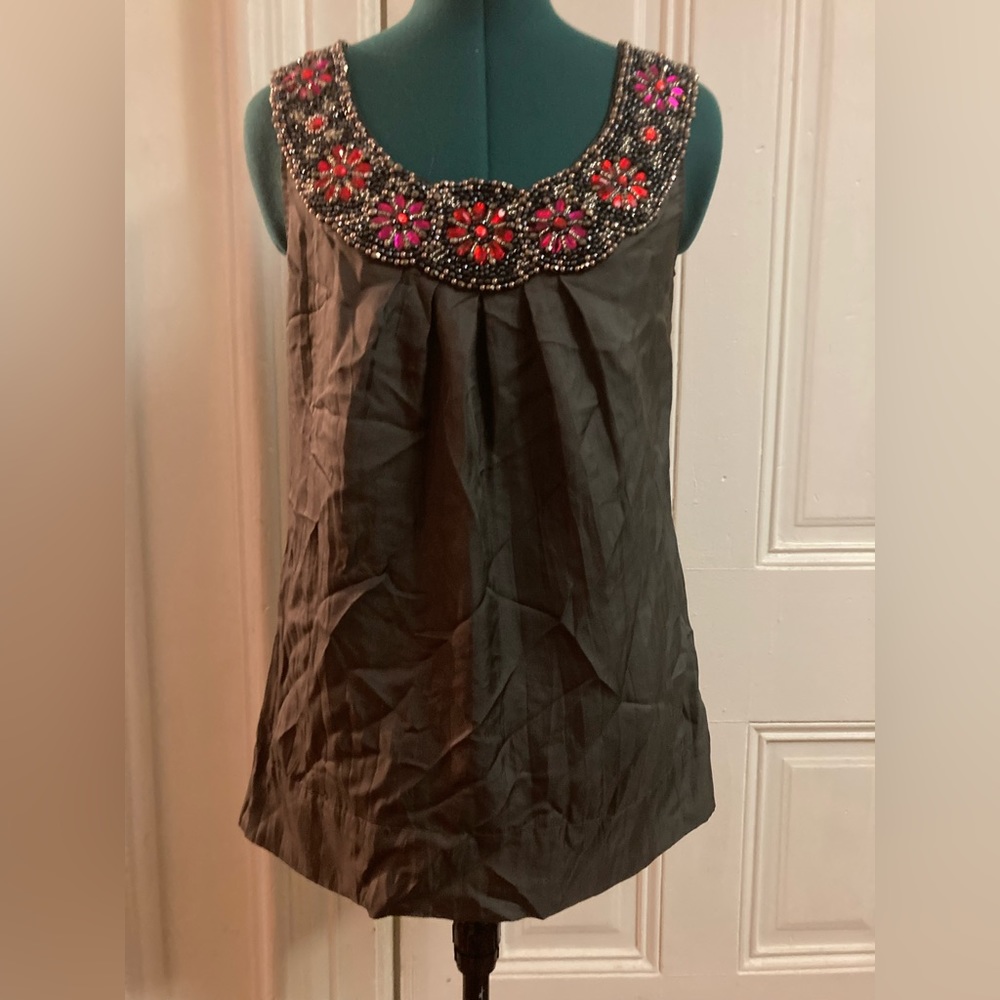 Ornate beaded collar gray silk top by Yoana Baraschi Medium